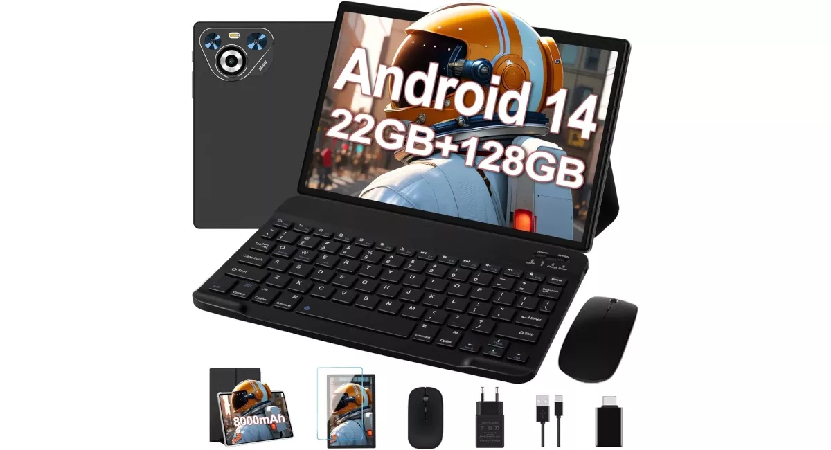 Tablet 10 Pulgadas Android 14, 22GB RAM+128GB , 8000mAh, Widevine, con Carcasa Metálica, Teclado y Ratón – 31% descuento y cupón en Amazon